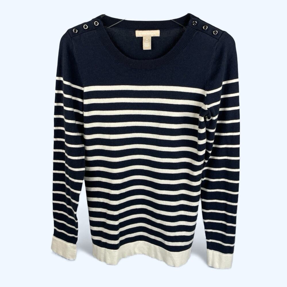 Banana Republic Rounded Neck Cotton Sweater Navy & White Stripe Medium